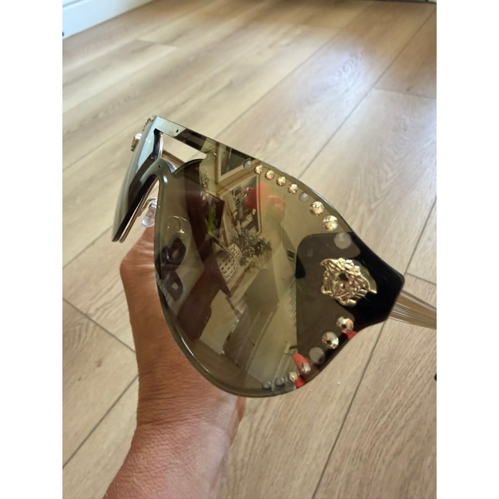 Versace VE2167 Gold Medusa Shield Sunglasses Mirrored Crystal Wrap Women